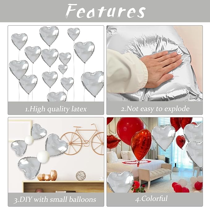 Biapian Silver Heart Balloons, 10PCS Valentines Balloons 18inch Love Foil Balloons for Helium Birthday Decorations for Valentines Day, Wedding, Birthday, Baby Shower