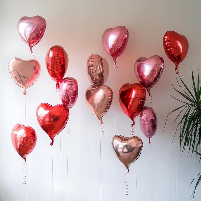 Rose Gold Pink Heart Balloons, 19PCS Red Pink Heart Shape Balloon, 18Inch with 10Inch Pink and Red Rose Gold Helium Foil Love Heart Balloon for Birthday Baby Shower Wedding Valentines Decorations