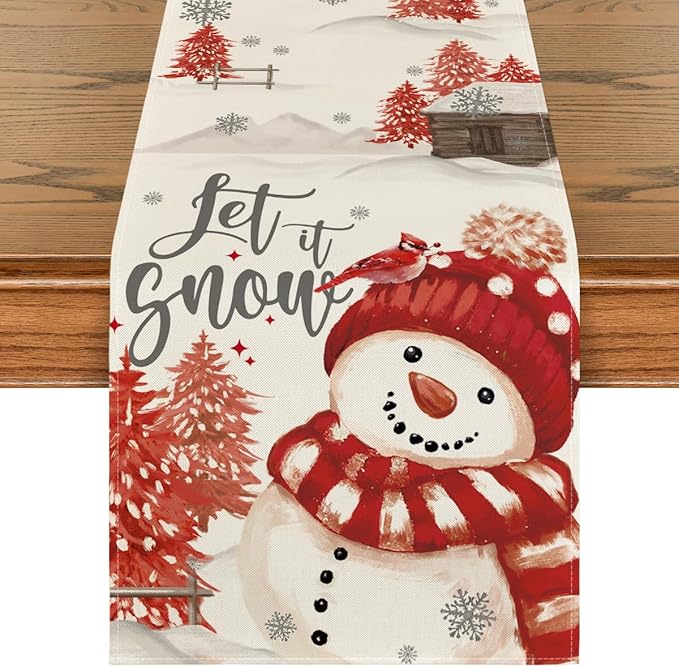 Artoid Mode Xmas Trees Let It Snow Red Snowman Christmas Table Runner, Seasonal Winter Holiday Kitchen Dining Table Decoration for Home Party Decor 13x60 Inch