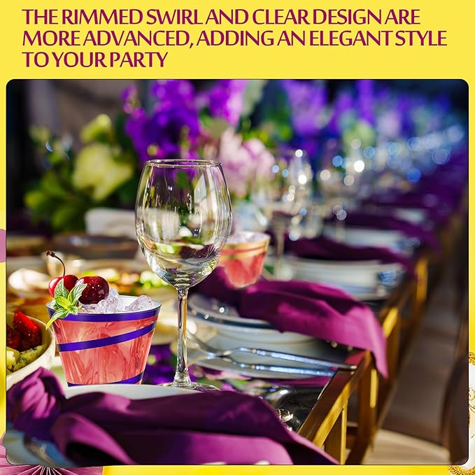 Gejoy 9 oz Rimmed Swirl Plastic Cups Disposable Wine Drinking Cups Clear Elegant Halloween Tumblers for Christmas Party Supplies(Purple, Gold, Green,60 Pcs)