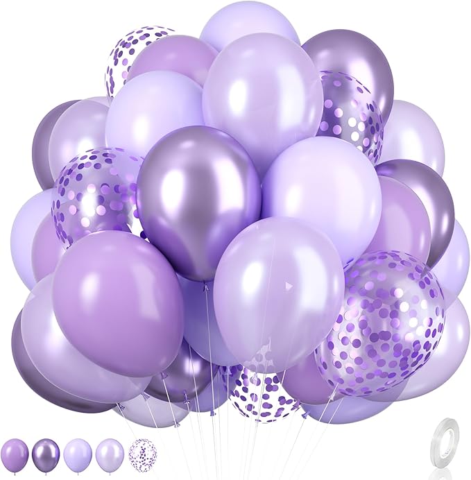 Biapian Purple Party Balloons Set, 12inch Lavender Balloon Pastel Purple-Lilac Ballons Metallic Confetti Purple Balloons For Girls Birthday Baby Shower Bridal Wedding Party Decorations