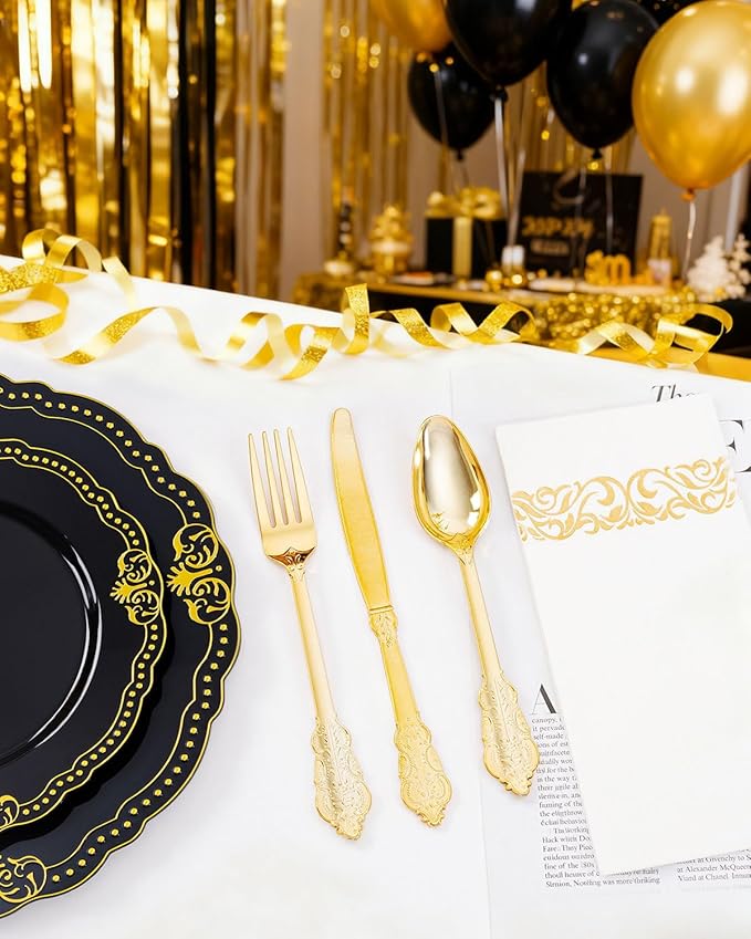 Ciaell 175 PCS Black and Gold Plastic Plates - Black Disposable Dinnerware Set with 50 Plates, 25 Knives, 25 Forks, 25 Spoons, 25 Cups, 25 Napkins for New Year’s Day, Parties and Weddings