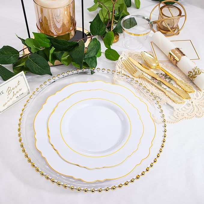 350 Pieces Gold Disposable Plates for 50 Guests, Plastic Plates for Party, Dinnerware Set of 50 Dinner Plates, 50 Salad Plate, 50 Spoons, 50 Forks, 50 Knives, 50 Cups for Thanksgiving