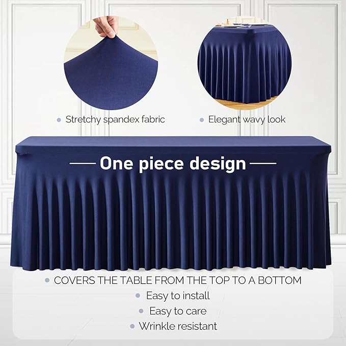 1 Pack Navy Blue Table Clothes for 4 Foot Rectangle Tables, One-Piece Wrinkle Resistant Stretch Spandex Table Covers with Table Skirt for Event Banquet Wedding Birthday Party