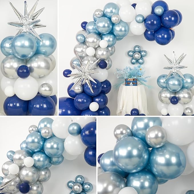 Blue Silver Balloon Arch Kit, Navy Blue Silver White Balloon Garland with Metallic Light blue silver Balloons Star Foil Balloons for Boys Men Birthday Wedding Graduation Baby Shower Party Decoration