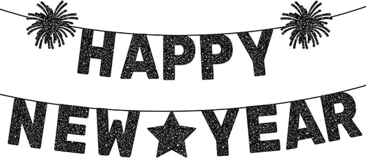 KatchOn Happy New Year Banner Black - Pre-Strung, 10 Feet | Happy New Year Sign for Happy New Years Decorations 2026 | New Years Eve Party Supplies 2026 Black | NYE Decorations 2026