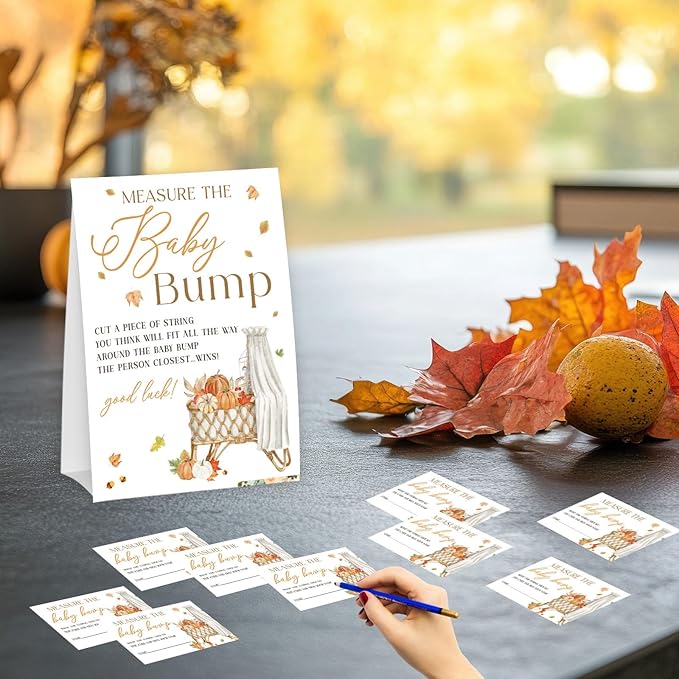 Baby Crib Measure The Baby Bump - Thanksgiving Baby Shower Card Set (1 Sign With 50 Guess Cards), Fall Pumpkin Gender Reveal Party Favor Supplies -A27