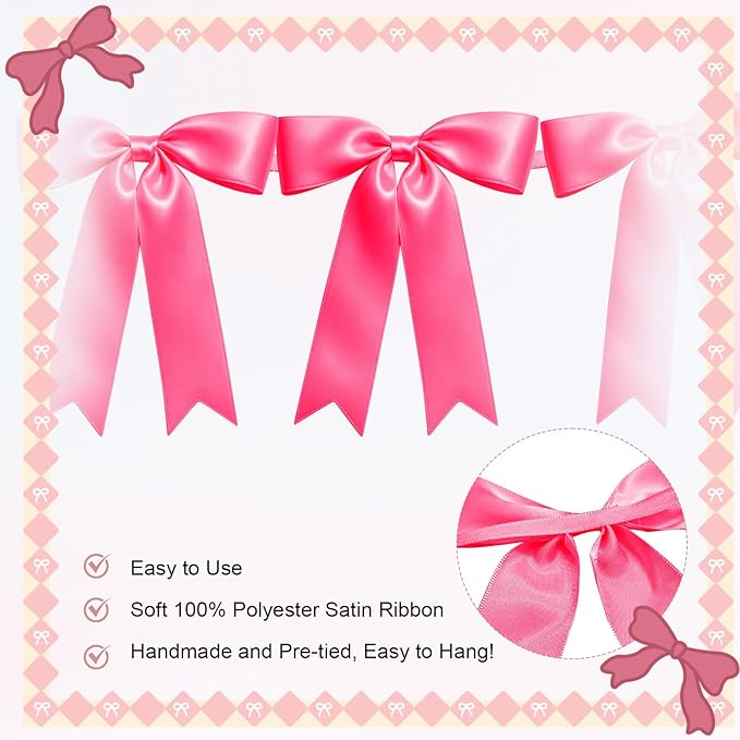 1 String of 8PCS Hot Pink Bow Garland Banner Decoration,Pre-Strung Satin Ribbon Ornaments for Birthday,Bachelorette Party,Bridal Shower,Wedding,Engagement,Baby Shower,Graduation Decor,Anniversary