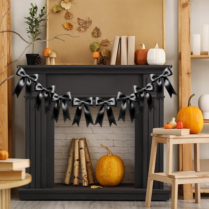 1 String of 8PCS Black Bow Garland Banner Decoration,Pre-Strung Satin Ribbon Ornaments for Birthday,Bachelorette Party,Bridal Shower,Wedding,Engagement,Baby Shower,Graduation Decor,Anniversary