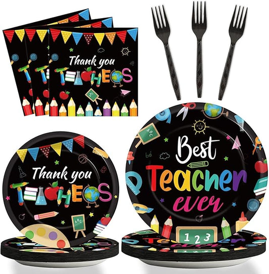 96 Pieces Teacher Appreciation Party Plates Thank You Theme Party Decorations Cartoon Best Teacher Paper Plates and Napkins Thank You Disposable Dessert Tableware Set Graduation Supplies 24 Guests