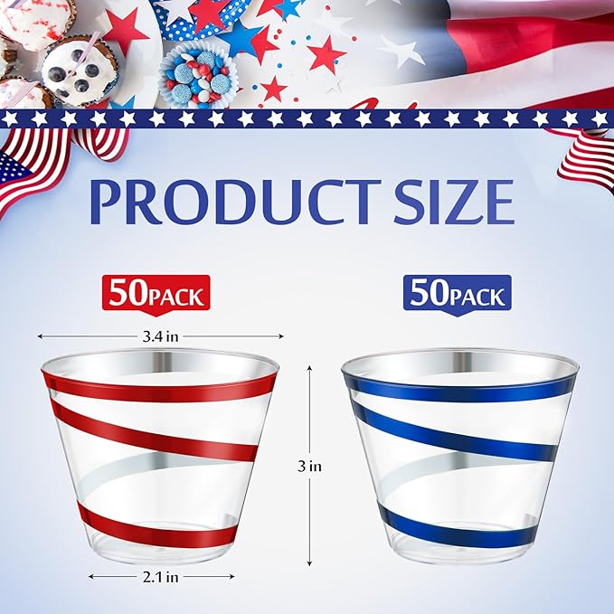 Gejoy 9 oz Rimmed Swirl Plastic Cups Disposable Wine Drinking Cups Clear Elegant Halloween Tumblers for Christmas Party Supplies(Red, Blue,100 Pcs)