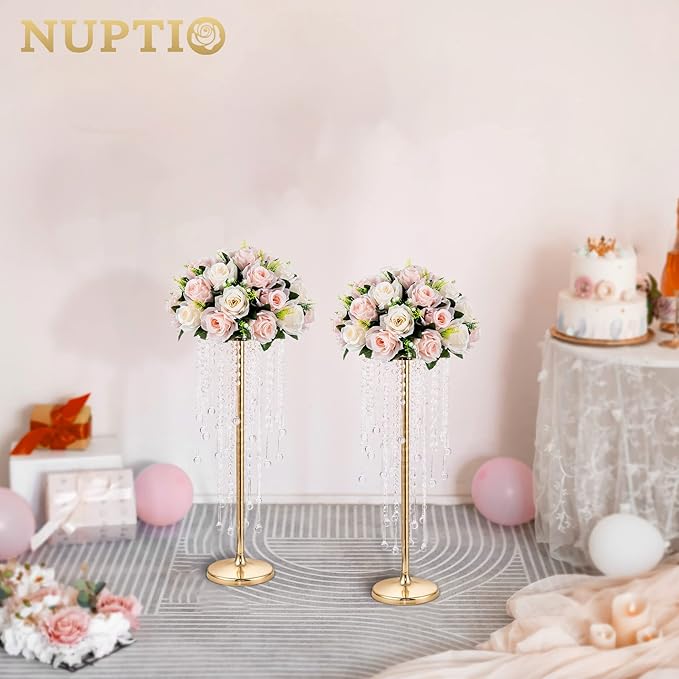 NUPTIO Gold Vases for Centerpieces Wedding - 10 Pcs 21.7in Tall Vase Centerpieces for Tables - Chandelier Flower Stand Bulk