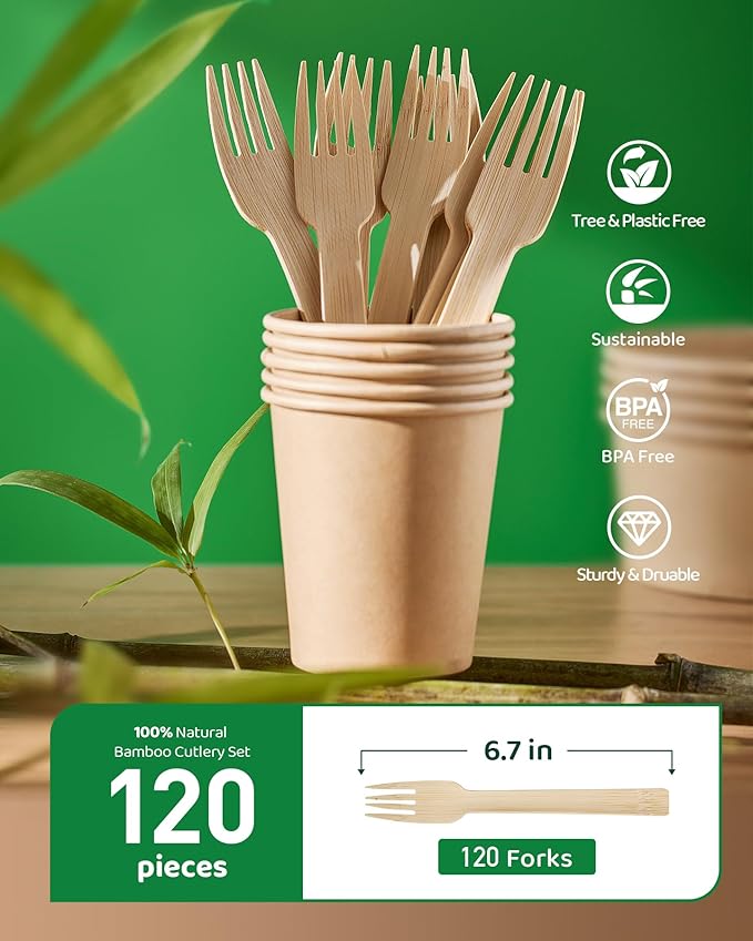 Devot 100% Natural Bamboo Disposable Cutlery Set - 120 Forks 6.7", Eco Friendly Utensils, Biodegradable, Compostable, Splinter Free and Perfect For Weddings, Camping, Party