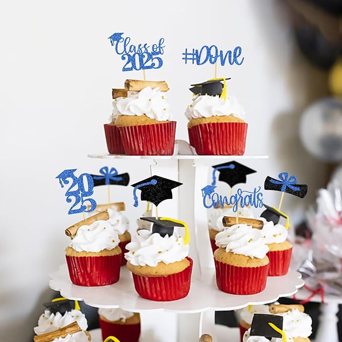 24Pcs Graduation Cupcake Toppers Glitter Congrats Grad Diploma 2025 Graduation Cap Cupcake Picks Class of 2025 Cake Decorations for 2025 Theme Party Supplies(Blue)