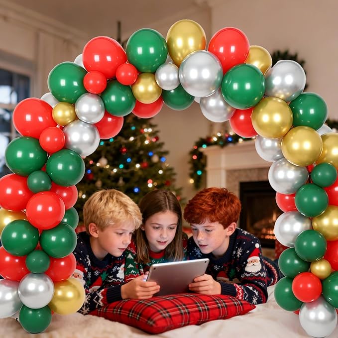 110 PCS Christmas Balloon Arch Garland Kit, Xmas Red Green White Gold Purple Silver Rose Latex Balloons for New Year Winter Holiday Birthday Party Decorations