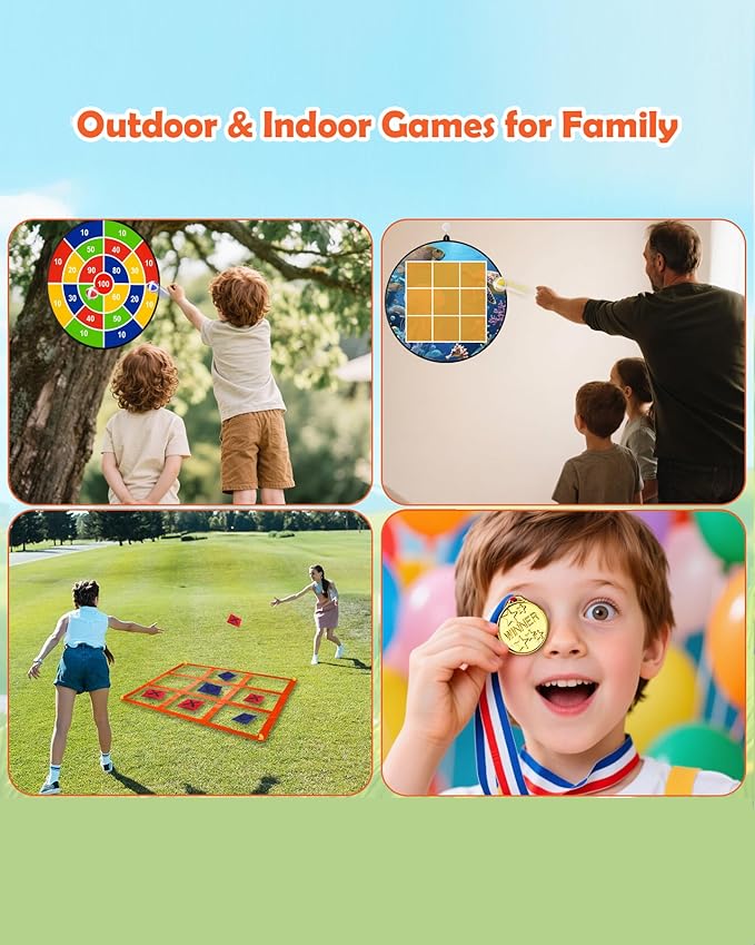 2-in-1 Outdoor Giant Tic Tac Toe Bean Bag Toss Games with Dart Board, 26" Dart Board with Sticky Balls Double-Sided Tic Tac Toe for Kids Adults Large Lawn Carnival Yard Birthday Family Party Games