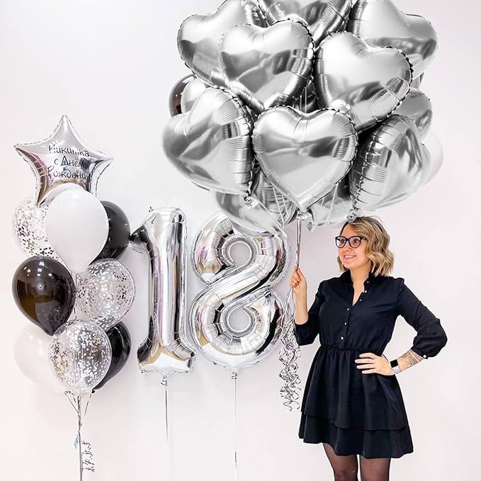TONIFUL 15Pcs 18 Inch Silver Heart Balloons Silver Heart Shape Foil Mylar Balloons Decoration for Birthday Valentine's Day Wedding Bridal Shower Anniversary Engagement Party Supplies