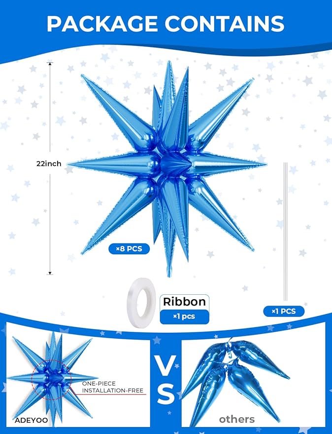 Blue Star Balloons - 8 Pcs Blue Foil Balloons One-Piece 14-Pointed Spike Balloon 22 Inch Large Explosion Star Balloons for Birthday Wedding Gender Reveal Party Decorations