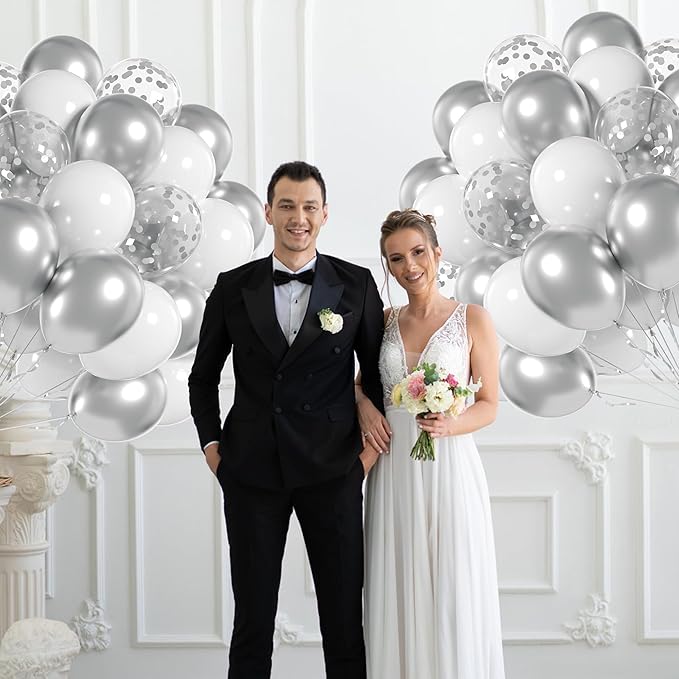 60pcs White and Silver Balloons 12inch, Silver and White Balloons with Metallic Silver Confetti Balloons for Birthday Baby Shower Wedding Anniversary New Years Party Decorations