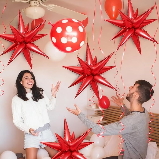 Red Star Foil Balloons Explosion 12 Point Spike Baloons Large Mylar Balloon Party Decorations Backdrops for Christmas Wedding Anniversary Bachelorette Engagement Birthday Valentine's Day