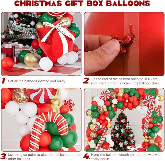 Christmas Balloon Garland Arch Kit,Xmas Holiday Balloons Red Green White Gold Confetti Balloons with Candy Cane Box Foil Balloon for Christmas Party Birthday Xmas Party Decorations