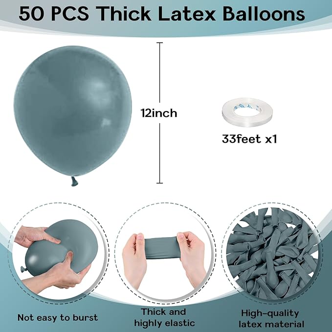 50 Pcs 12 Inch Dusty Blue Balloons, Round Latex Balloons for Boys, Girls, General Celebration, Christmas, New Year, Wedding, Birthday, Gender Reveal, Boho Party