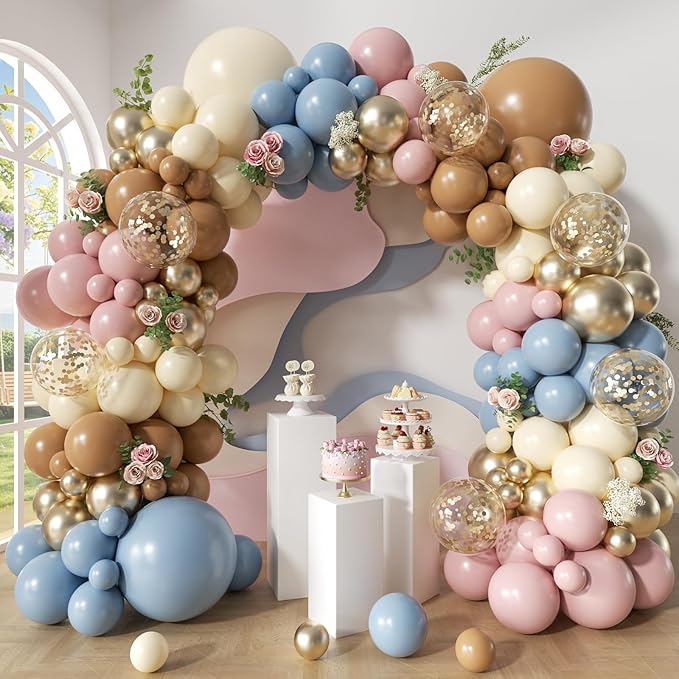 148Pcs Dusty Pink Blue Brown Yellow Balloon Arch Garland Kit, Retro Pink Dusty Blue Brown Pastel Yellow Gold Confetti Balloons for Baby Shower Wedding Engagement Birthday Party Decorations