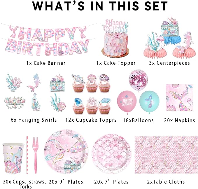 175PCS Mermaid Party Decorations, Mermaid Theme Party Supplies Plates and Napkins Set, Tableware,Banner, Hanging Swirls, Tablecloth, Balloon,Cake Cupcake Topper,Honeycomb Centerpiece Baby Shower