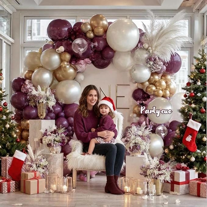 Dark Purple White Balloon Arch Kit, Double Stuffed Plum Burgundy Pearl White Sand Gold Balloon Garland with Clear Bobo Latex for Birthday Baby Shower Bridal Wedding Fall Christmas Party Decoration