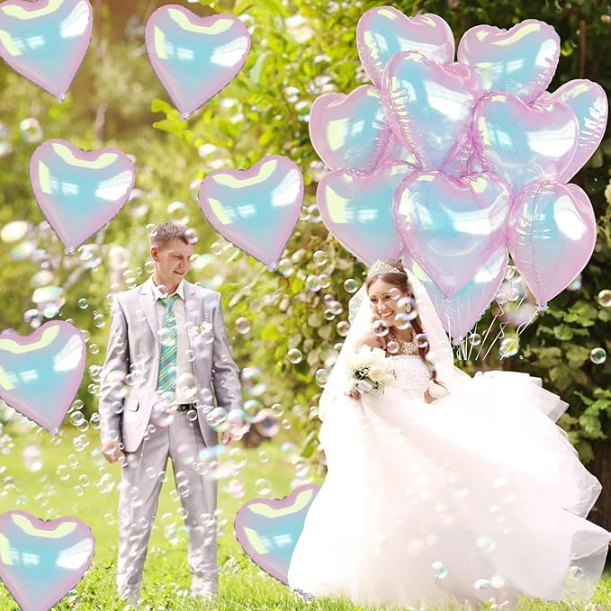 Iridescent Heart Balloons 9PCS 18In Transparent Laser Heart Foil Balloon Large Gradient Crystal Iridescent Colorful Balloon for Birthday Wedding Easter Rainbow Winter Mermaid Fantasy Theme Party Decor