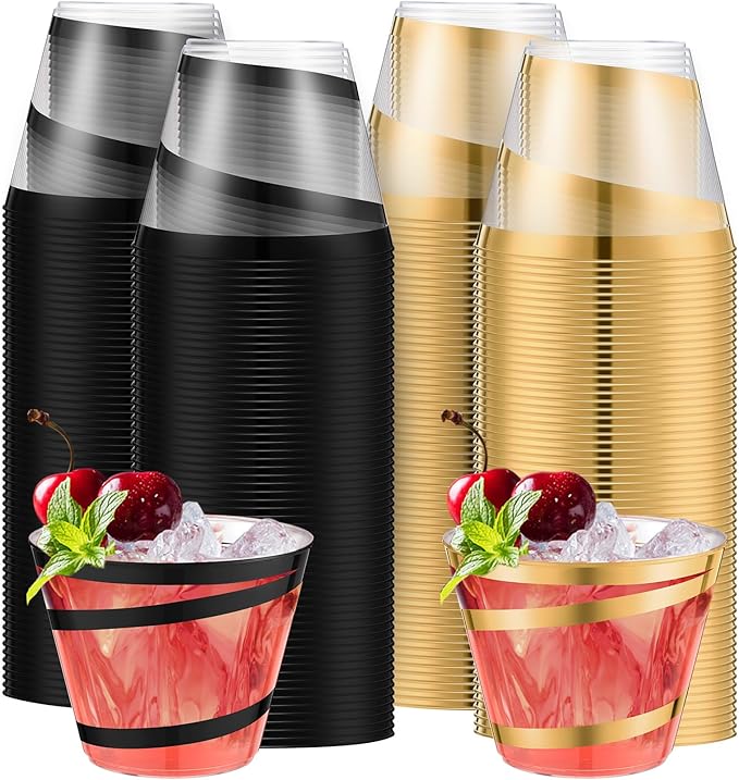 Gejoy 9 oz Rimmed Swirl Plastic Cups Disposable Wine Drinking Cups Clear Elegant Halloween Tumblers for Christmas Party Supplies(Black, Gold,200 Pcs)