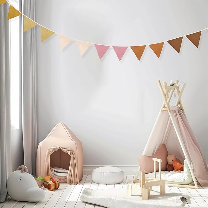 2 Sets of Yellow Dusty Pink Brown Nursery Garland 24pcs Linen Fabric Baby Banner Triangle Pennant Flags Streamers for Kids Girls Birthday Boho Baby Shower Party Decorations Baby Bedroom Nursery Decor
