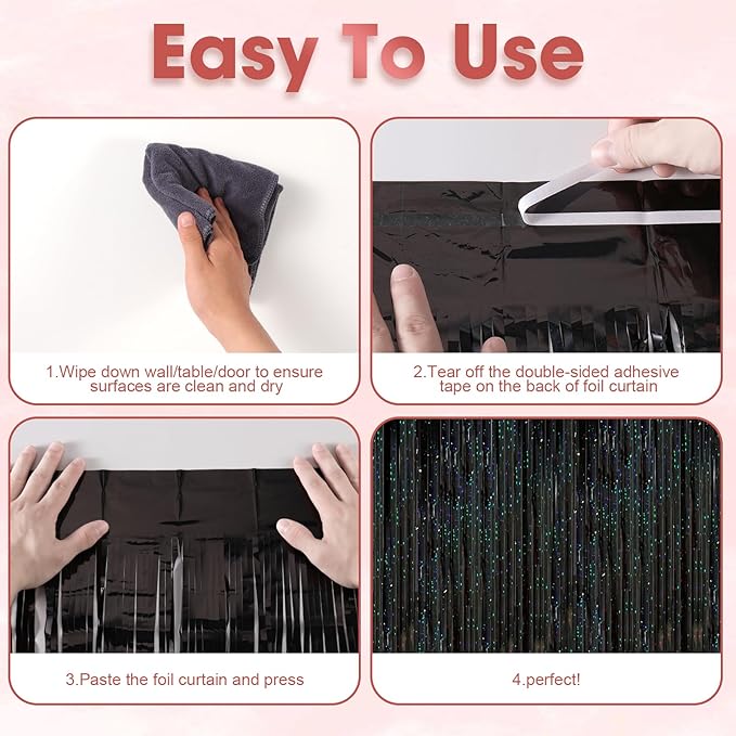 2 Pack Laser Black Tinsel Foil Fringe Curtains, Black Party Decorations, Metallic Tinsel Party Streamers Backdrop for Birthday Halloween Masquerade New Years Gatsby 1920s Party Decorations