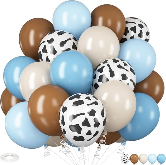 Cow Print Balloons, 12Inch Light Blue Brown Sand White and Cow Balloons for Boys Baby Shower Farm Western Cowboy Rodeo Birthday Party Decorations