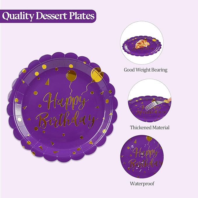 50PCS Purple and Gold Happy Birthday Paper Plates and Napkins Party Decorations- 7 Inch Scalloped Dessert Plates and 6.5 Inch Napkins Disposable Tableware Set Birthday Party Supplies , Serves 25