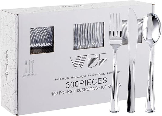 WDF 300 Pieces Silver Plastic Silverware - Plastic Silverware Heavy Duty - 100 Forks 100 Knives 100 Spoons - Disposable Silver Cutlery Perfect for Party/Wedding/Christmas