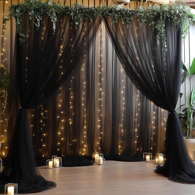 20ft x 10ft Black Backdrop Curtain with Lights String for Parties, Sheer Tulle Wedding Photo Backdrops Drapes for Baby Shower Birthday Party Decorations Background for Photography