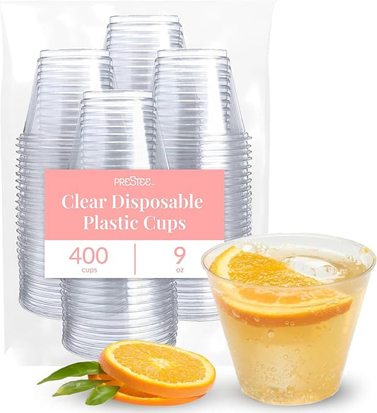 Prestee 400 Pcs Clear Plastic Party Cups Disposable - 9 oz Clear Plastic Cup for Cold Beverages, Cocktails, Smoothies, and Desserts - Durable PET Cups for Gatherings, Events, and Catering