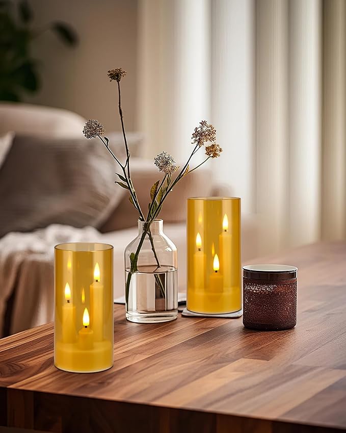 Enido Gold 2 Pc 3-in-1 Taper Flameless LED Candles with Remote, Battery Operated Acrylic Pillar Set, 3" x 6" Flickering Electric Lights for Cozy Home & Holiday Romantic Decor
