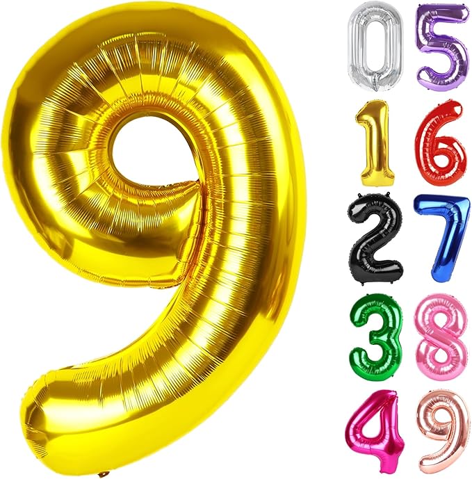 Gold Number 9 Balloon 40 Inch, 9th Birthday Party Decorations for Children, Giant 9 Foil Balloon for Party Supplies