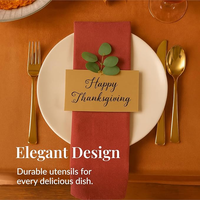 Prestee 300 Count Gold Plastic Silverware Set - Heavy Duty Disposable Cutlery with 100 Forks, 100 Spoons, and 100 Knives - Elegant Gold Plastic Forks and Spoons for Weddings, Holidays, and Parties