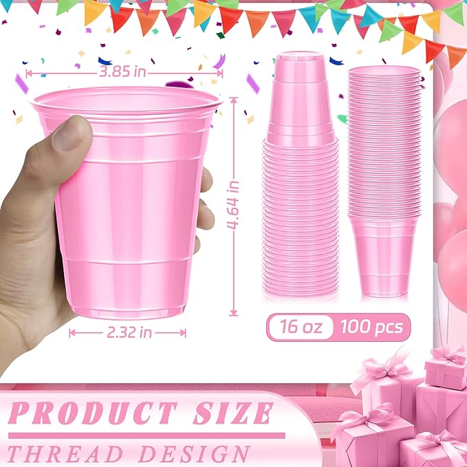 Dualshine 100 Pack Pink Plastic Cups 16 oz, Disposable Cups for Party, Heavy Duty Drinking Cups, Graduation Shot Cup for Wedding Birthday Beer Taste Serving Snack Sample Tastings Barbecues Picnic