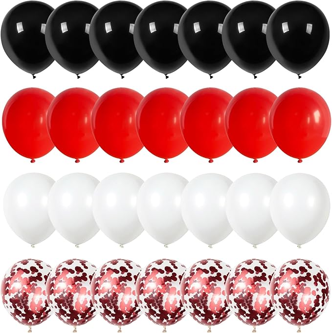 Red Black and White Balloons, 12 Inch Matte Red Black and White with Red Confetti Helium Latex Balloons Set for Boys Casino Racing Theme Birthday Wedding Baby Shower Graduation Party Decorations