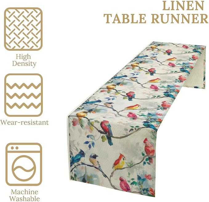 Birds Flowers Spring Table Runner,Watercolor Floral Leaves Seasonal Home Party Kitchen Dining Table Decoration 13x90 in