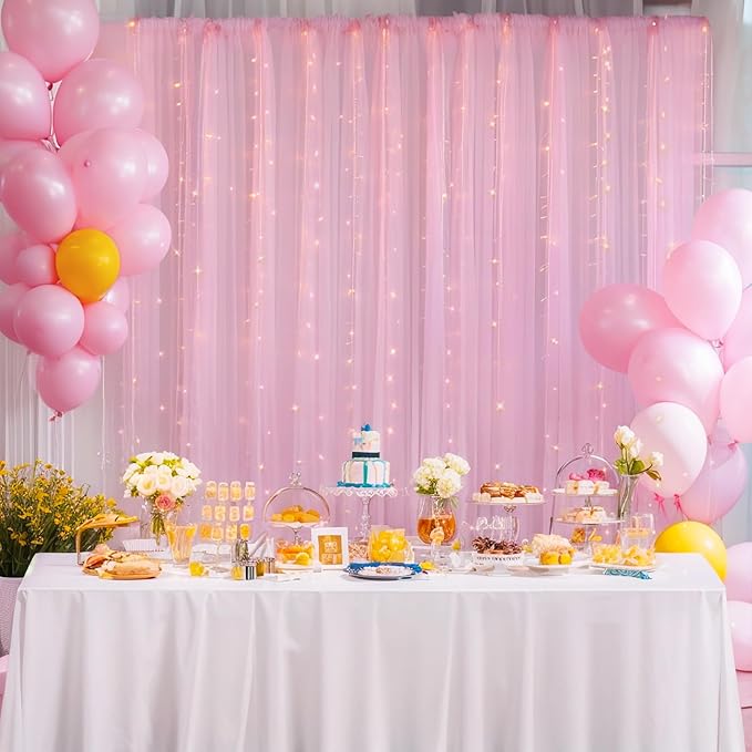 10ft x 8ft Pink Backdrop Curtain with Lights String for Parties, Sheer Tulle Wedding Photo Backdrops Drapes for Baby Shower Birthday Party Decorations Background for Photography