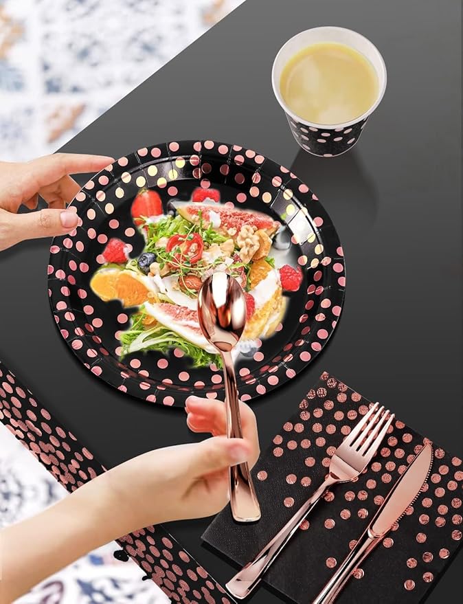 141 Pieces Black and Rose Gold Party Supplies, Disposable Party Decorations Sets Include Paper Plates Napkins Cups, Plastic Forks Knives Spoons, for Baby Shower Birthday Wedding -20 Guests