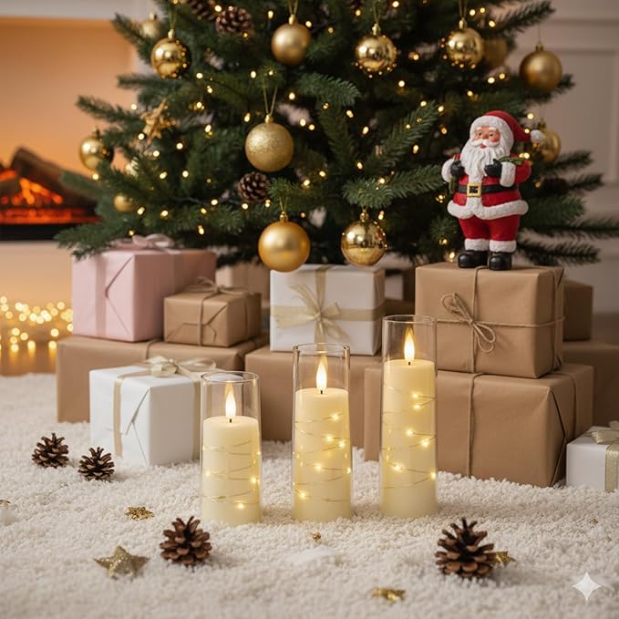 Raycare Flameless Candle with Remote Timer, 7 Flickering Acrylic Battery Operated LED Pillar Candles with Embedded Star String for Christmas, Home Decor, and as a Gift(Ivory)