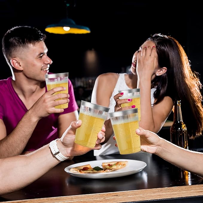 Vplus 150 Pack 12 OZ Reusable Silver Rimmed Clear Plastic Cups, Disposable Heavy Duty Plastic Cups for Party, Christmas, Wedding, Thanksgiving, Halloween