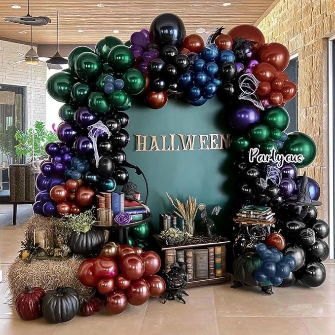 Halloween Balloon Arch Double Stuffed, Dark Green Navy Blue Burgundy Purple Black Balloon Garland Kit for Halloween Birthday Witch Gothic Spooky Magic School Party Decoration