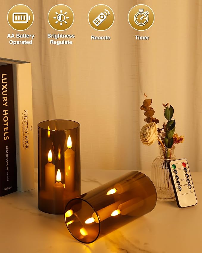 Enido 2 Pc Flameless LED 3-in-1 Taper Candles with Remote & Timer, Battery Operated Acrylic Pillar Set, 3" x 6" Flickering Electric Lights for Cozy Home & Holiday Romantic Decor (Gray)
